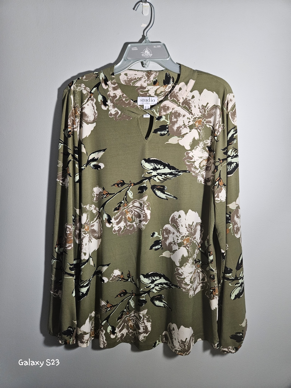 Studio By Denim & Co., Olive Floral Long-Sleeve Keyhole Top
